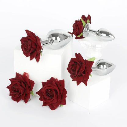 Anesidora Aluminum Rose Butt Plug & Clamps Teasing Set