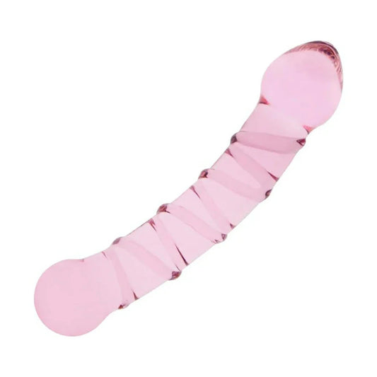 Pink Ribbed Dildo Crystal Glass Double-Ended 6.9 Inch