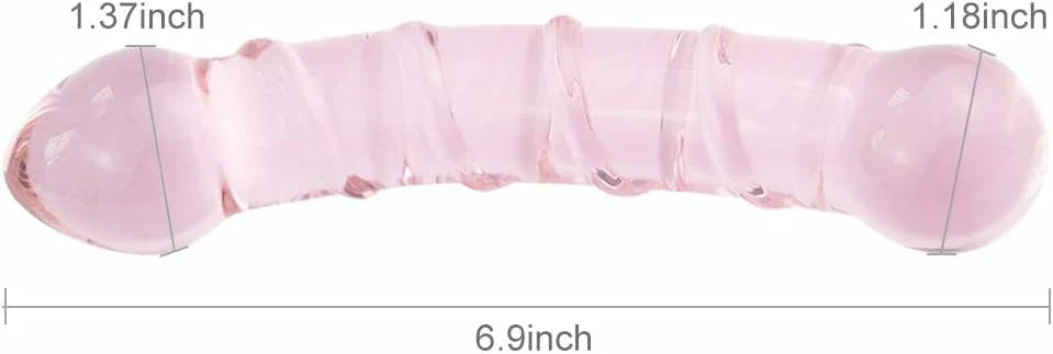 Pink Ribbed Dildo Crystal Glass Double-Ended 6.9 Inch