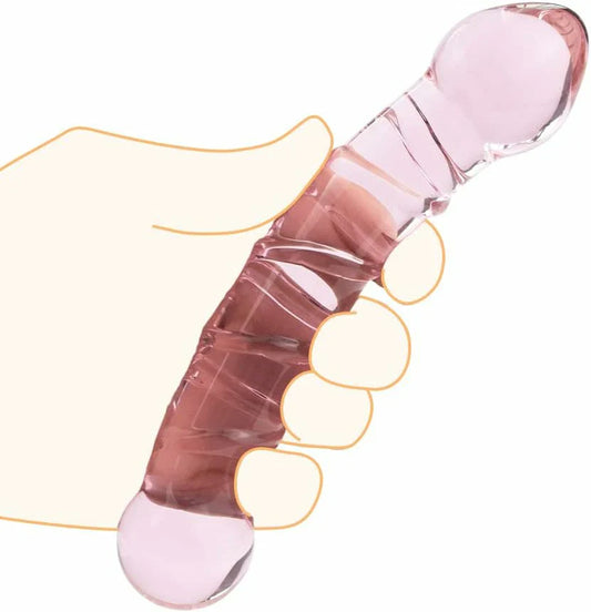Pink Ribbed Dildo Crystal Glass Double-Ended 6.9 Inch