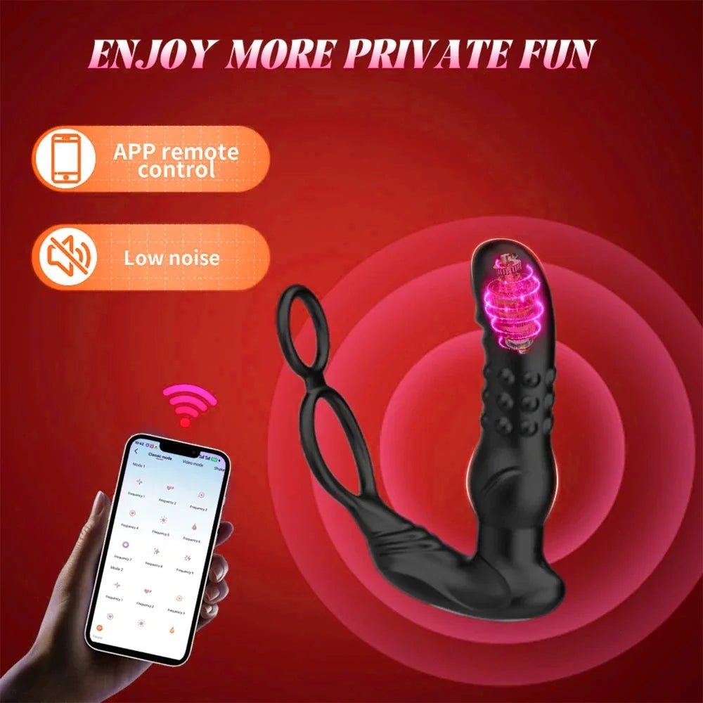 App-Controlled Thrusting Prostate Massager with Dual Cock Ring
