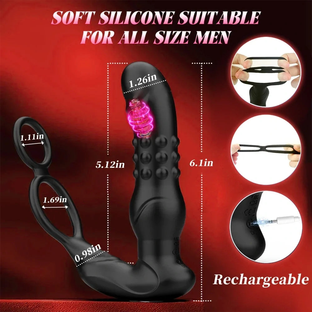 App-Controlled Thrusting Prostate Massager with Dual Cock Ring