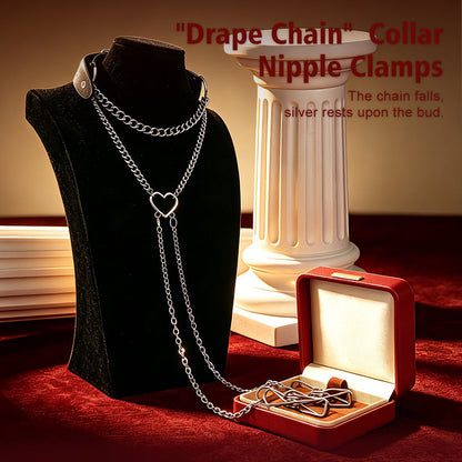 Drape Chain Leather Collar Nipple Clamps Set — BDSM Bondage Nipple Stimulator with Heart Chain