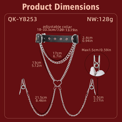 Drape Chain Leather Collar Nipple Clamps Set — BDSM Bondage Nipple Stimulator with Heart Chain