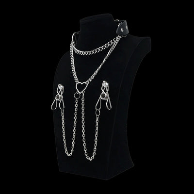 Heart Chain - Leather Collar Nipple Clamps Set